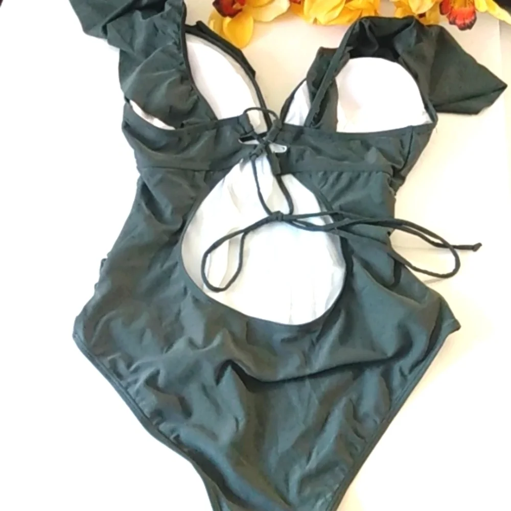 PLUNGE V-NECK MONOKINI Green Ruffle Trim Lace Up Back Ruched Swimsuit SIZE LARGE - Picture 15 of 15